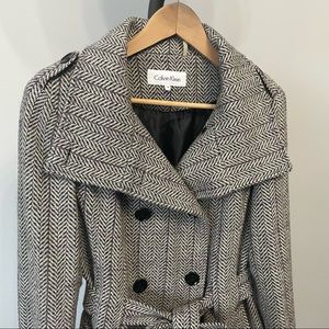 [Calvin Klein] Grey Herringbone Coat with Stand Collar / Pleated Bottom